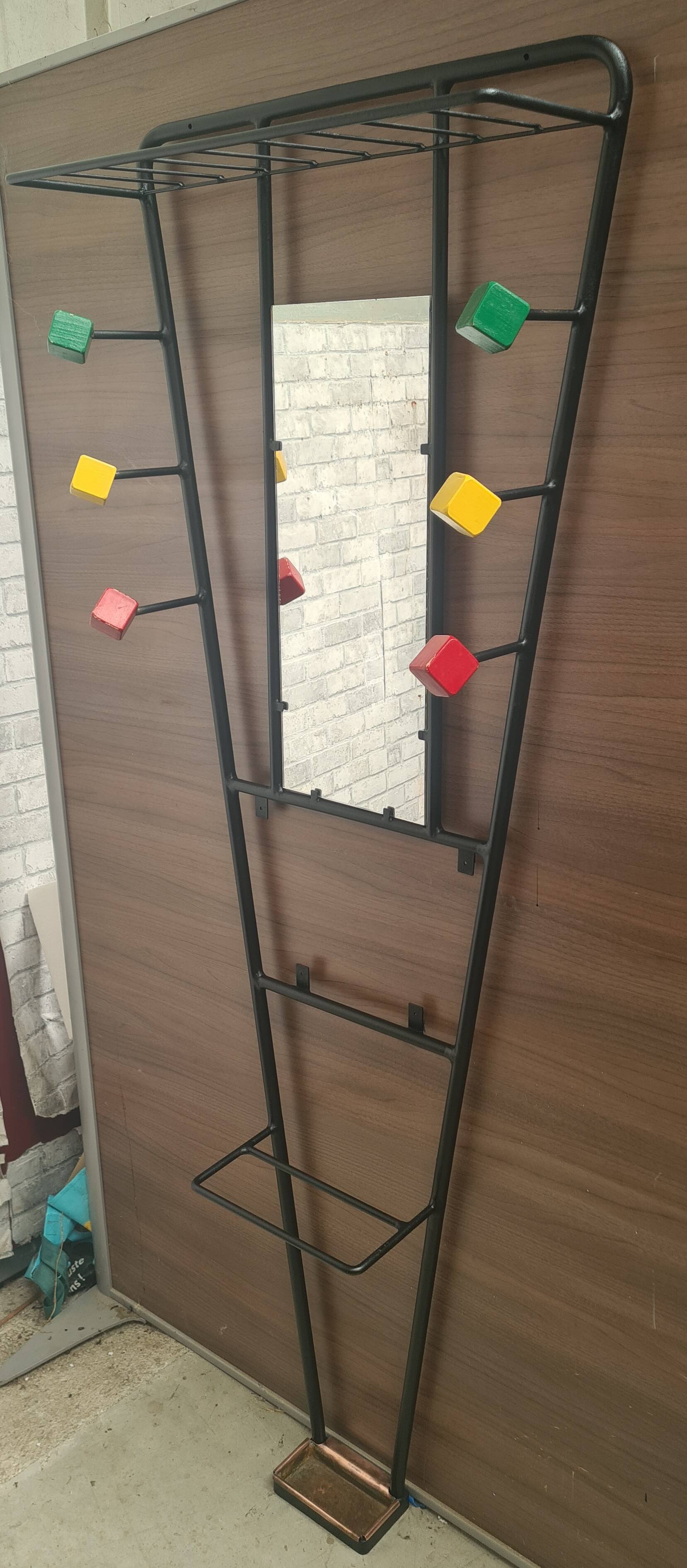 1950s metal and wood wall coat rack with mirror and umbrella stand