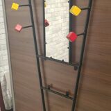 1950s metal and wood wall coat rack with mirror and umbrella stand