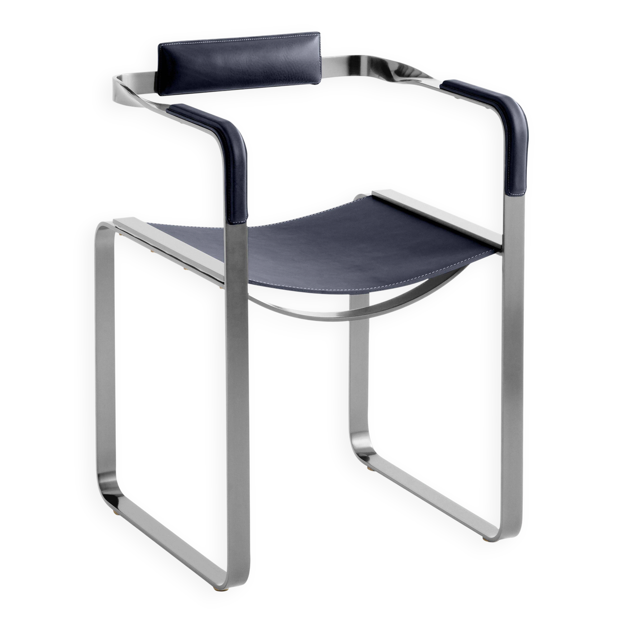 Armchair, silver steel and navy blue leather, contemporary style.
