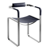 Armchair, silver steel and navy blue leather, contemporary style.