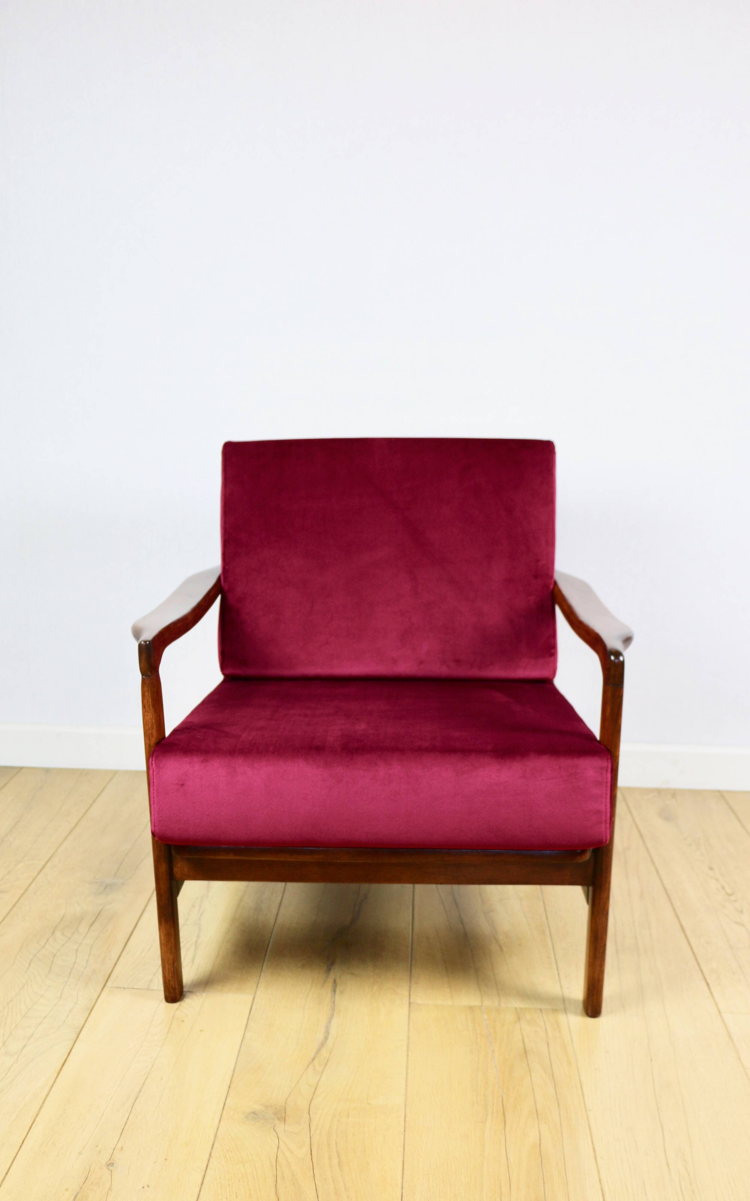 Wooden vintage brown armchair, burgundy raspberry, design by Z. Bączyk - 2 pieces available