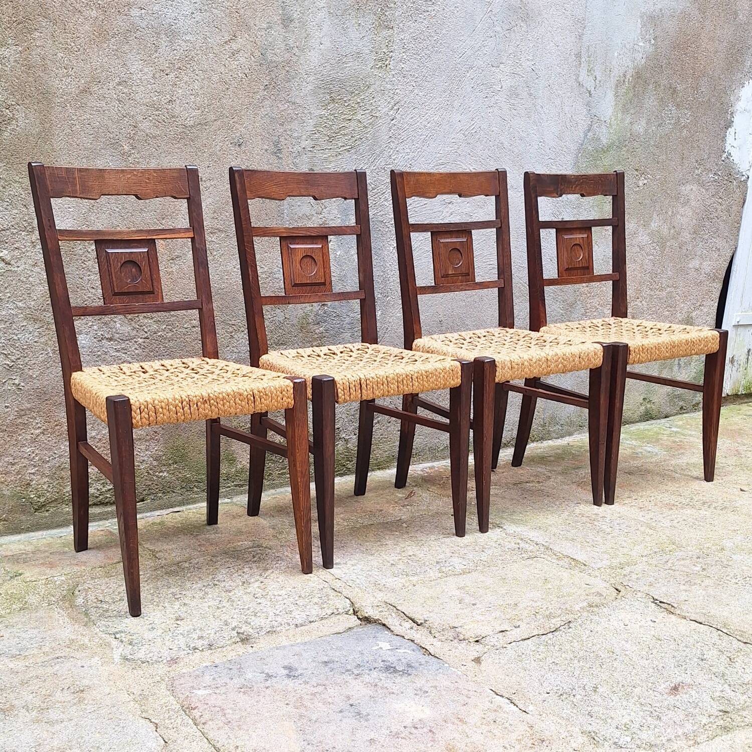 Set of 4 oak and rope chairs