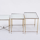 Set of Three Hollywood Regency Brass an Glass Nesting Tables Maison Jansen Style