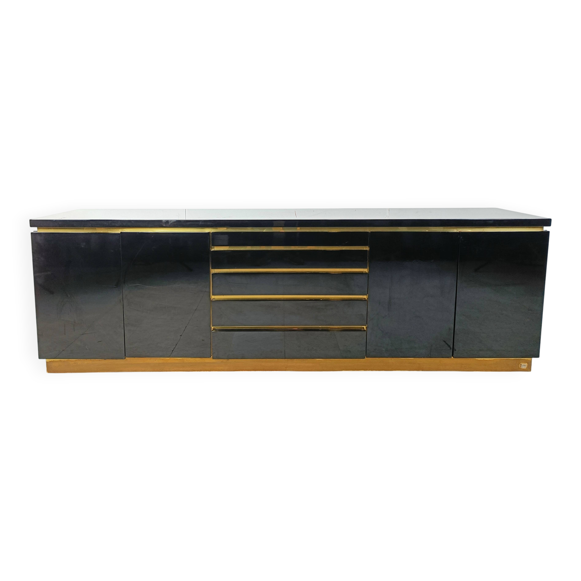 Brass and lacquer sideboard by Jean Claude Mahey, 1970s