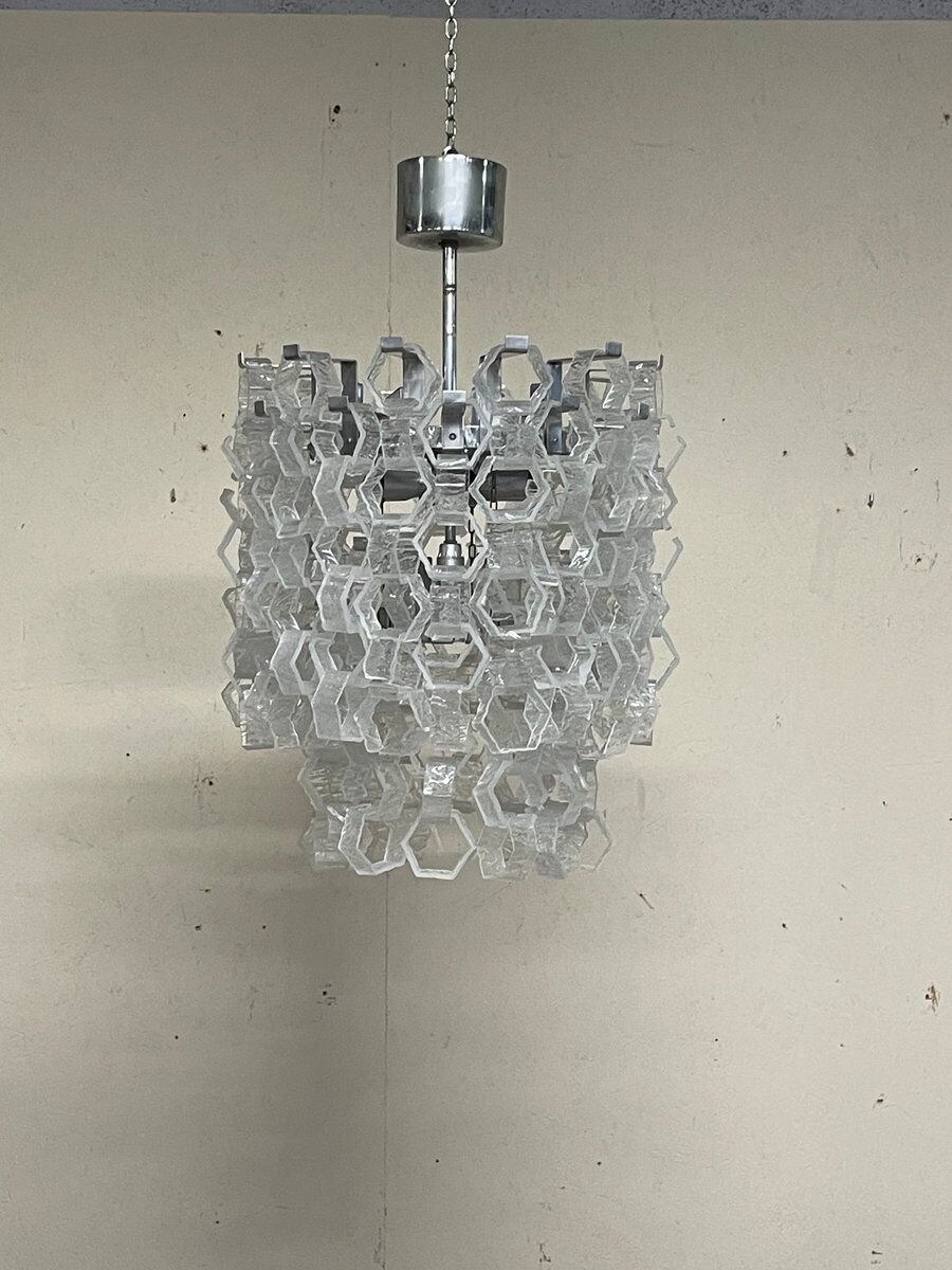 Hexagonal glass Cascade chandelier attributed to Av Mazzega, 1970s.