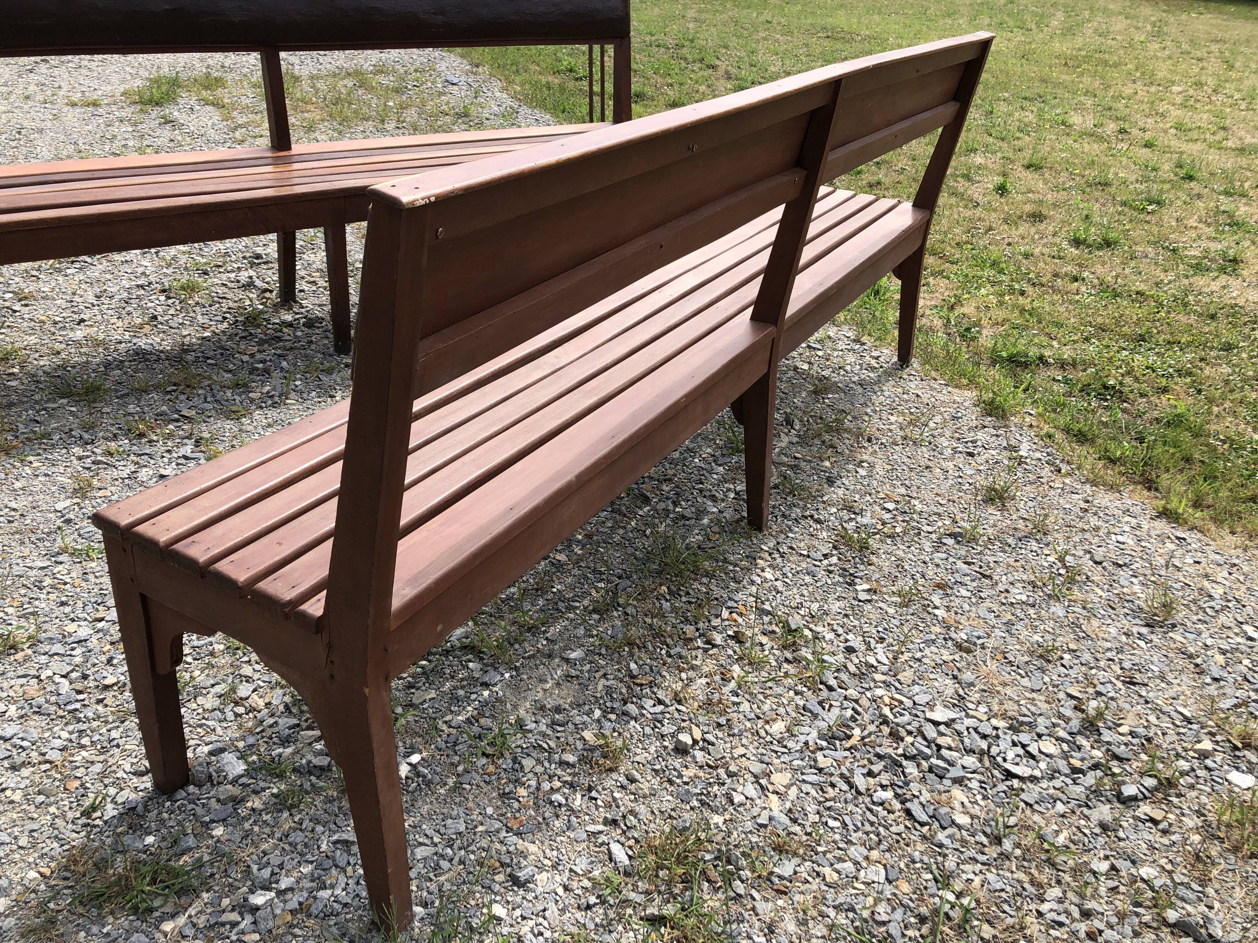 Duo of vintage church benches in solid beech