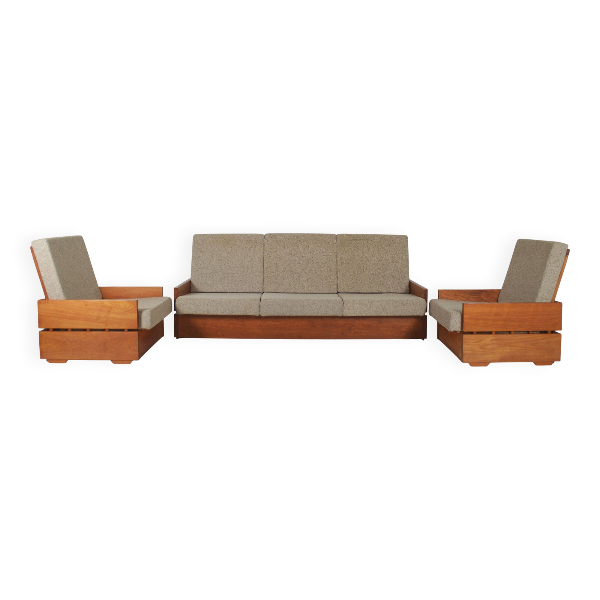 Set of Brutalist armchairs in solid wood, 1970s