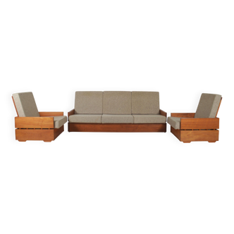Ensemble de fauteuils brutalistes en bois massif, années 1970