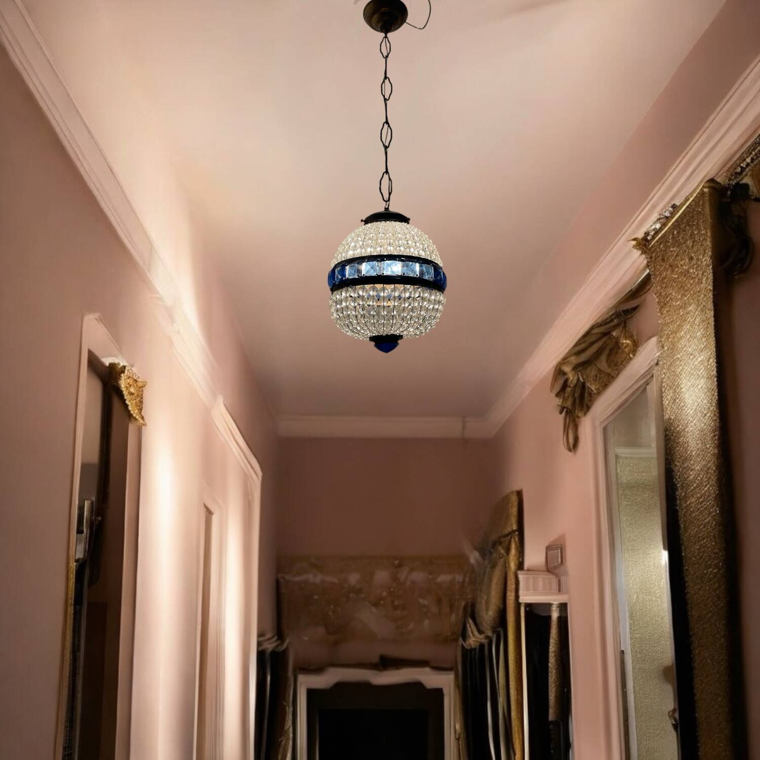 Crystal Beaded Bronze Light Pendant 1950’s