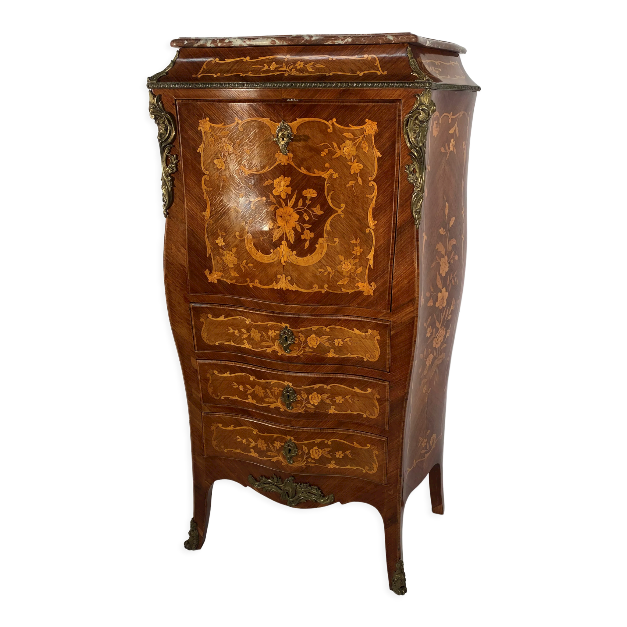 Curved secretary and inlaid with floral branches in Louis XV style