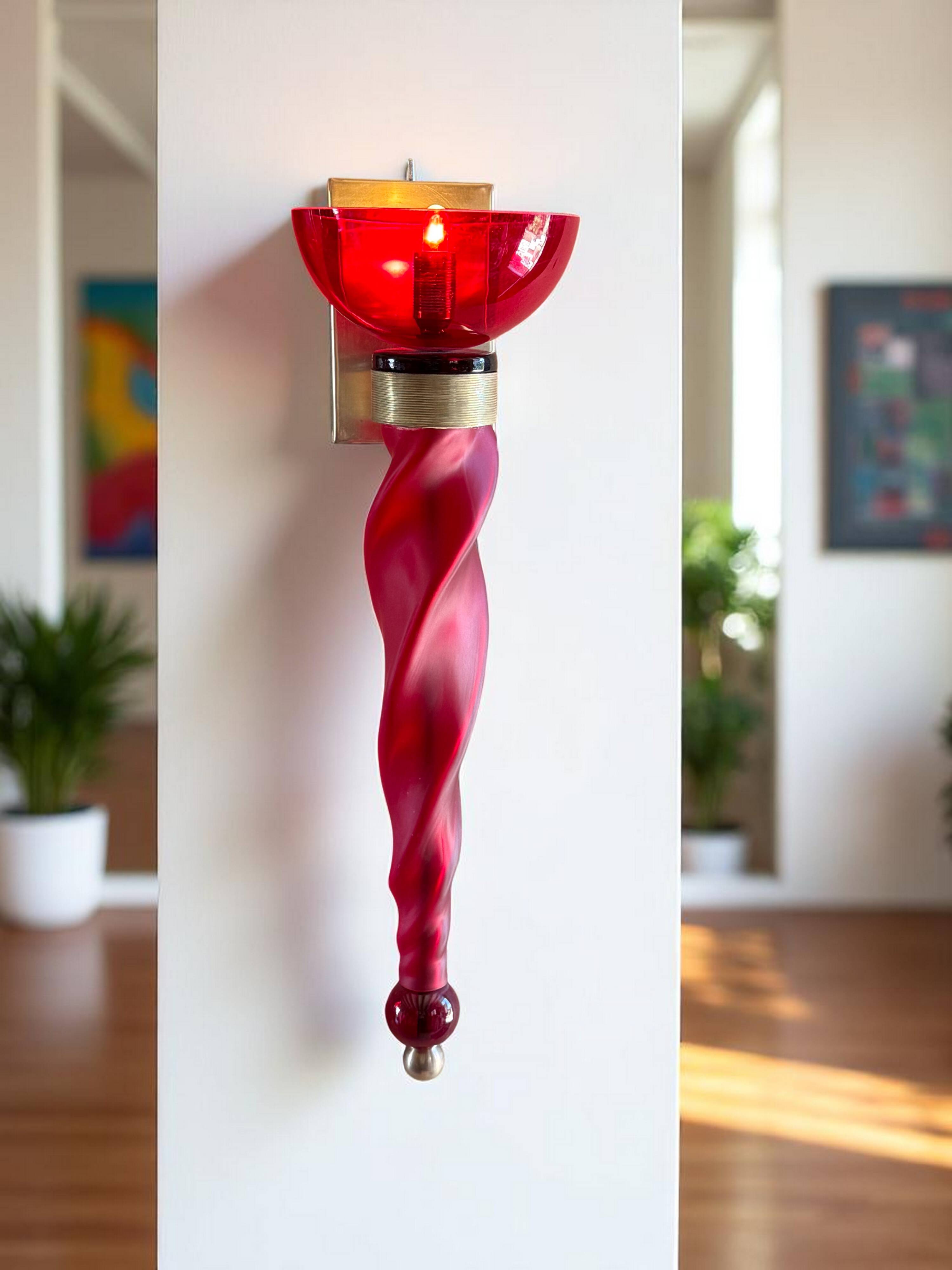 Pair of 62 cm murano torchere wall lights in red tinted glass and brass