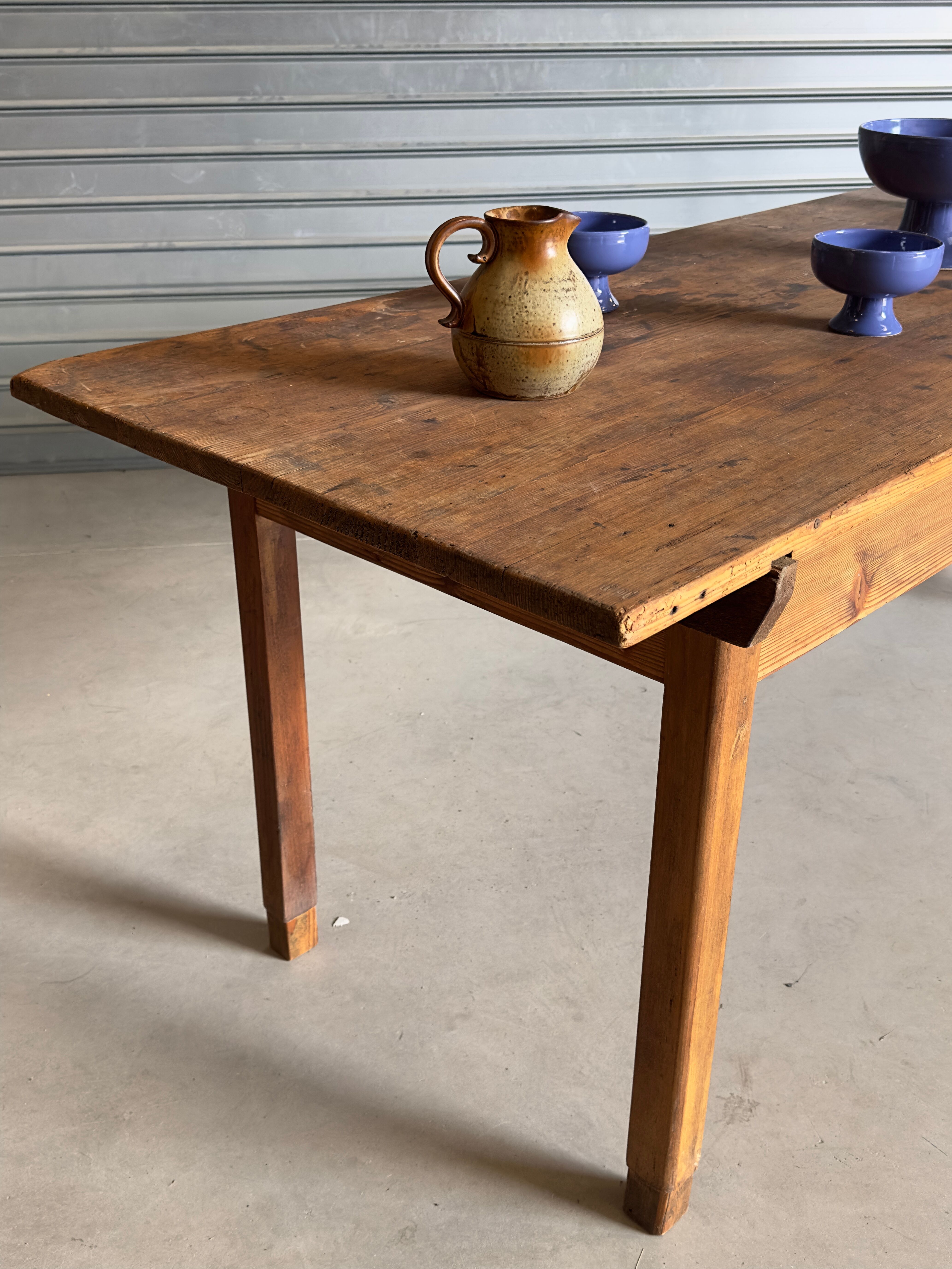 Old wooden table, farmhouse style, dining table.