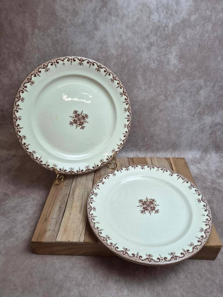 2 round plates Terre de Fer Clairefontaine Rouen sepia 19th century