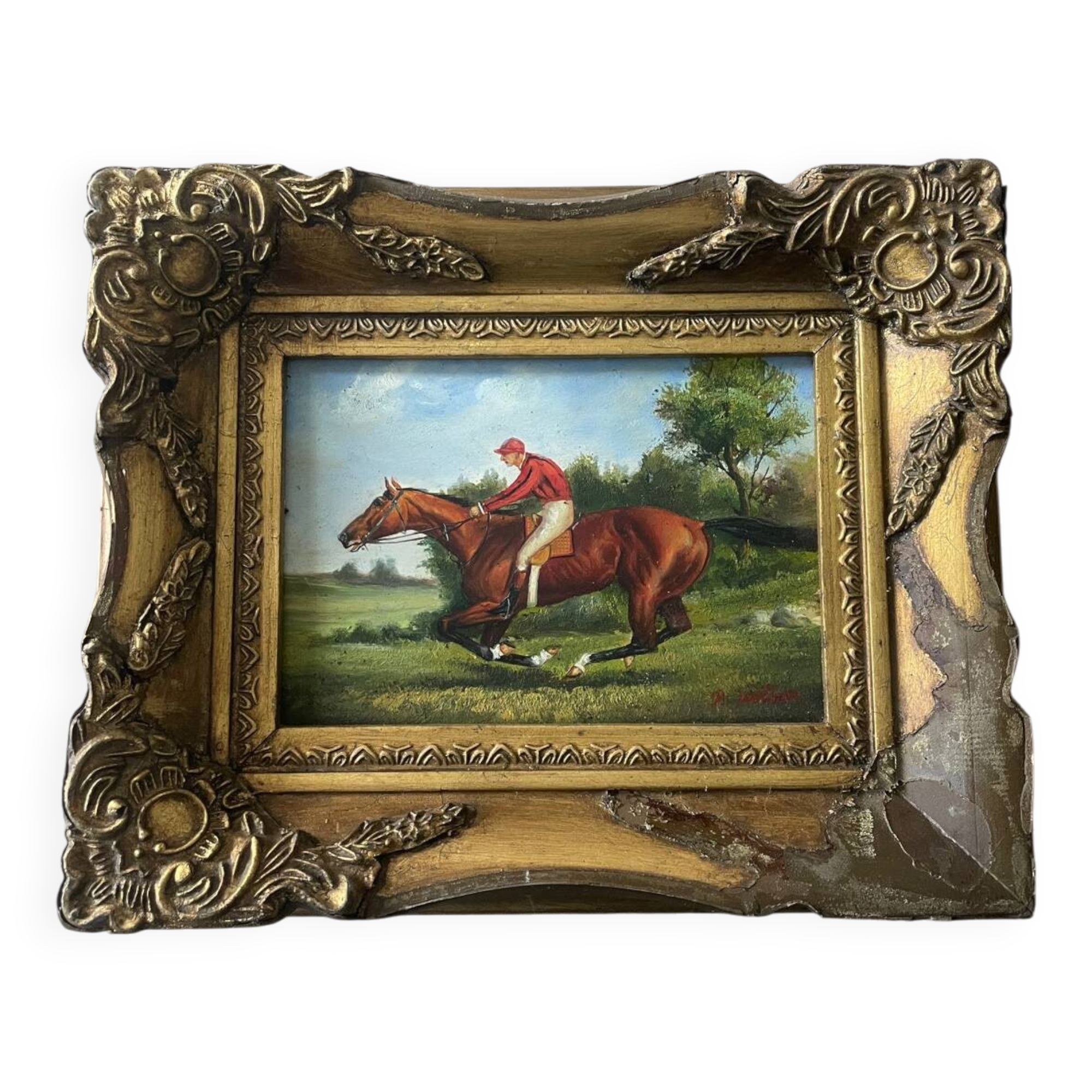 Old table from the 19th century - Horse racing - Oil on panel - Signed R. W.