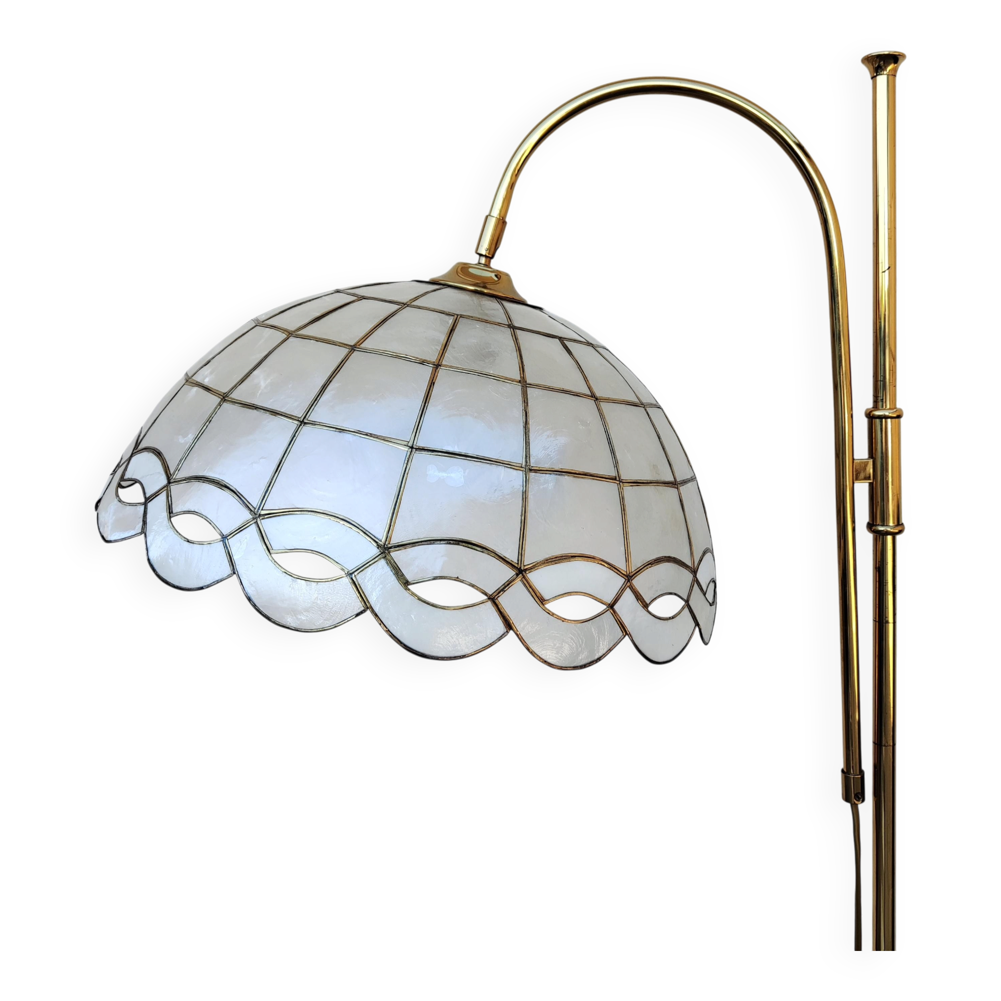 Mid Century Modern brass floor lamp with Capiz shell shade 1970s