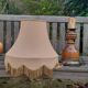 Large rustic table lamp foot wood & brass, lampshade pagoda beige fabric, years 50/60