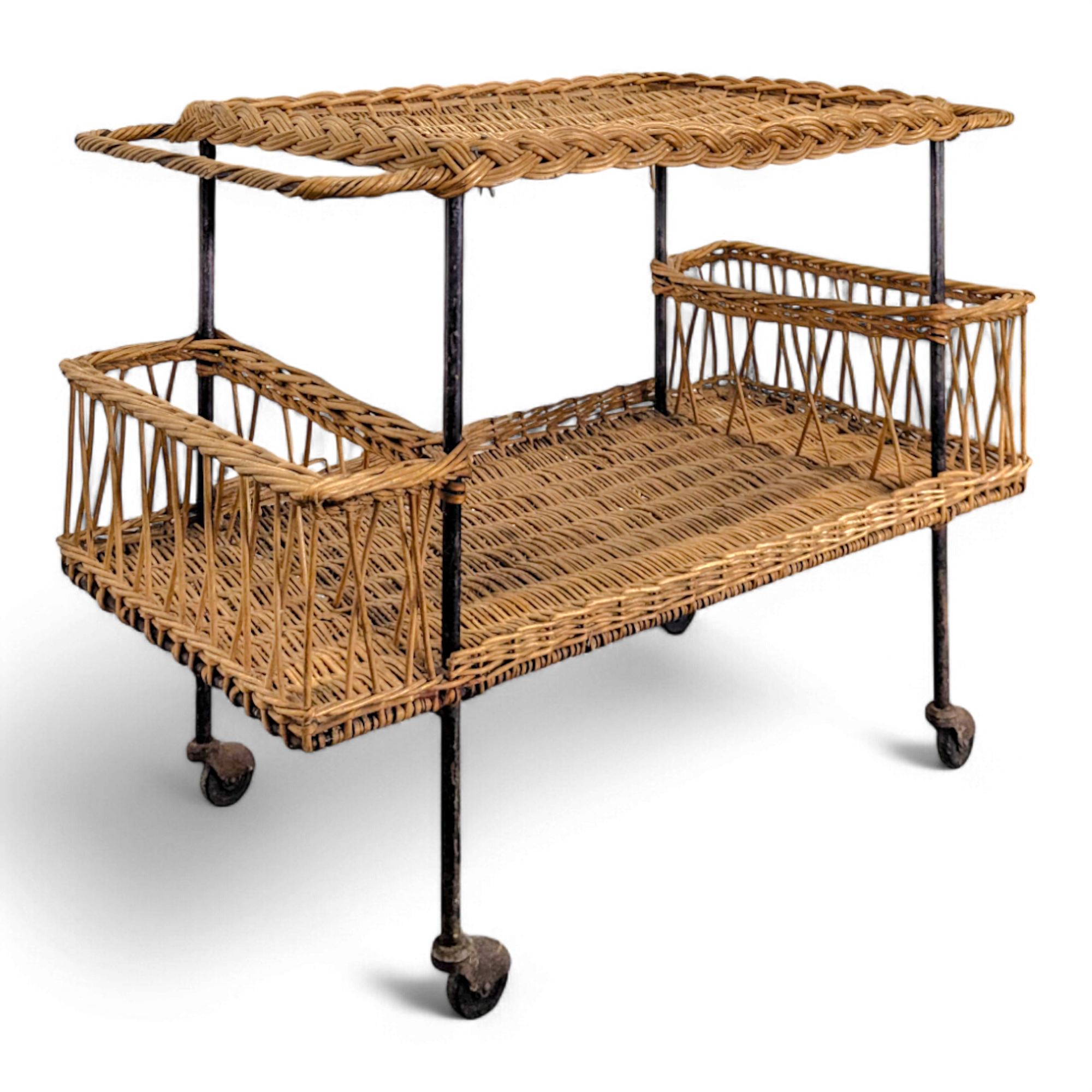 1960s rattan rolling dessert trolley