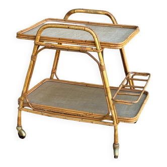 Vintage 60s design rattan rolling trolley