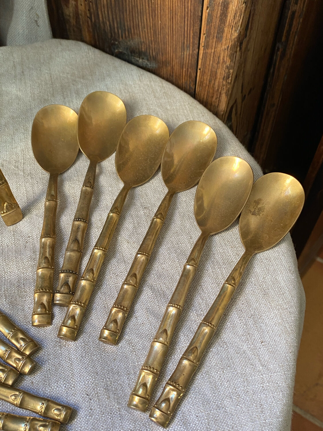 Nickel-plated bronze cutlery set, bamboo style
