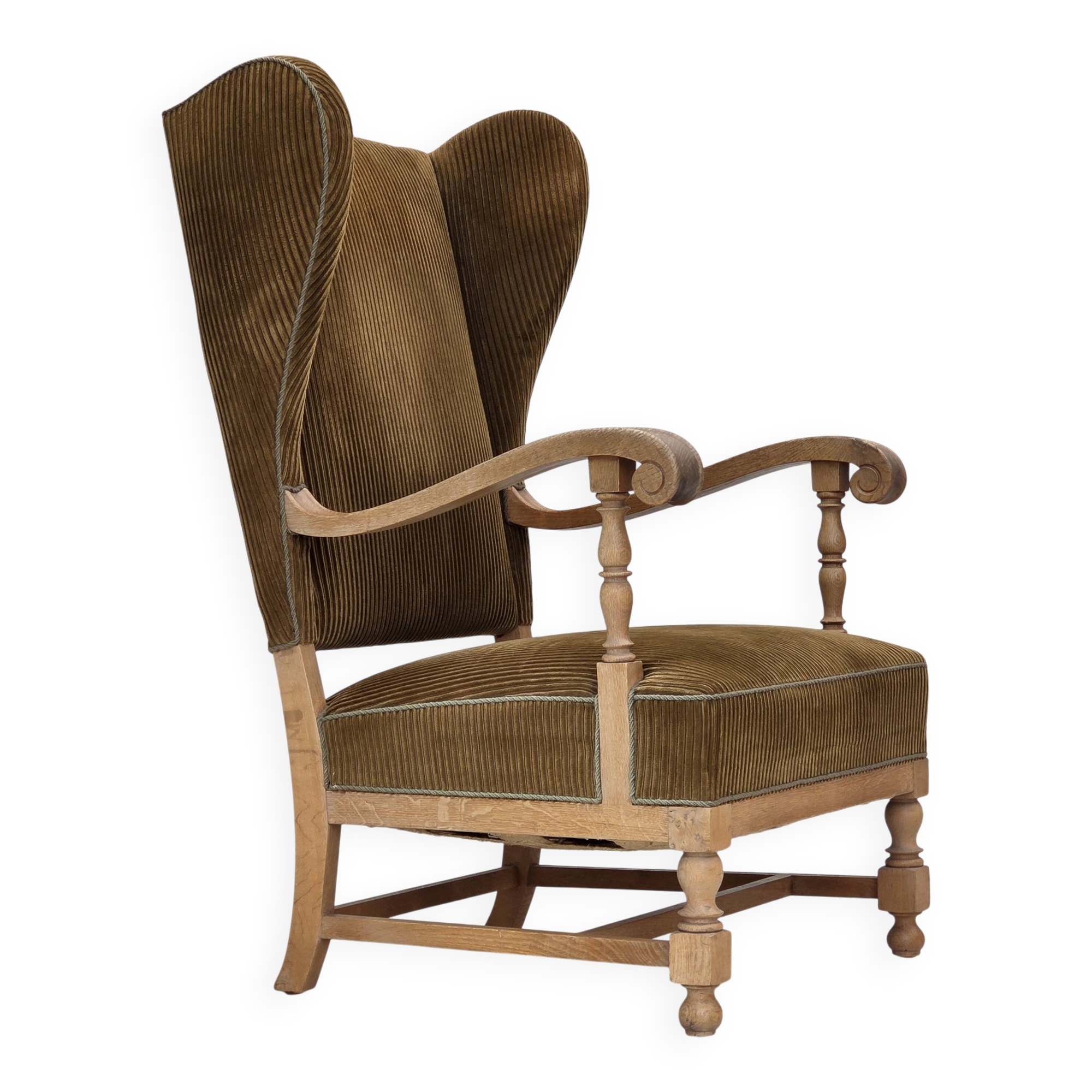 1970s, Scandinavian highback armchair, furniture corduroy, carved oak wood.