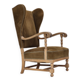 1970s, Scandinavian highback armchair, furniture corduroy, carved oak wood.