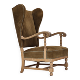 1970s, Scandinavian highback armchair, furniture corduroy, carved oak wood.