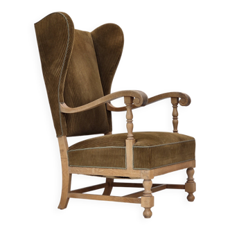 1970s, Scandinavian highback armchair, furniture corduroy, carved oak wood.