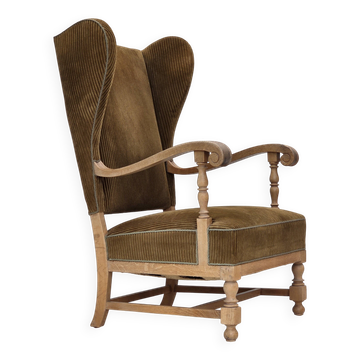 1970s, Scandinavian highback armchair, furniture corduroy, carved oak wood.