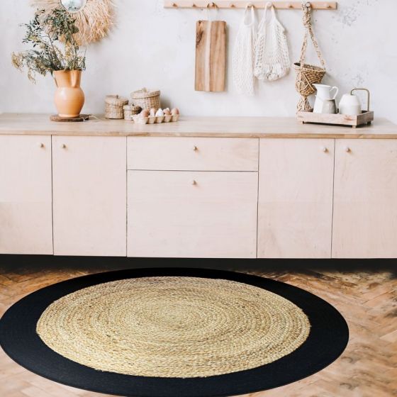 Jute carpet and round cotton black beige 160 cm