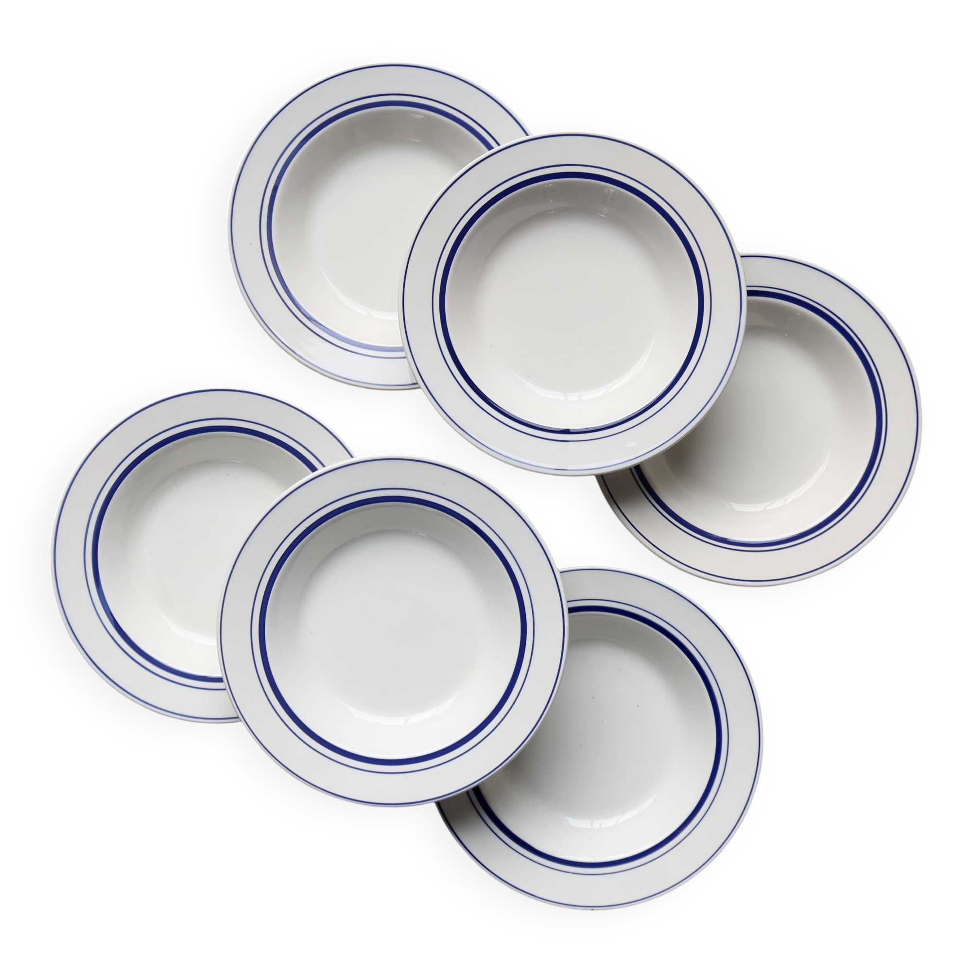 6 assiettes creuses vintage style bistrot porcelaine bleue et blanche