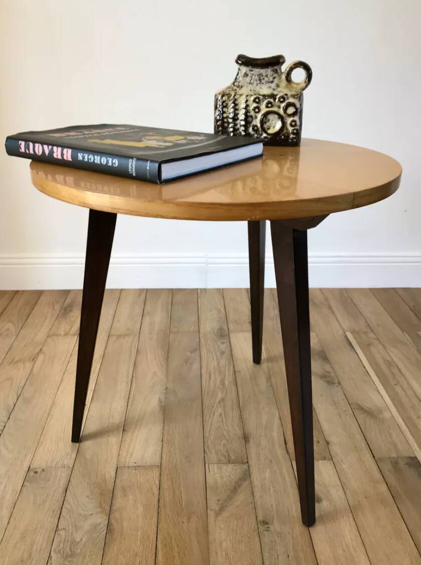 Tripod coffee table in wood and two-tone marquetry Scandinavian design 50s-60s