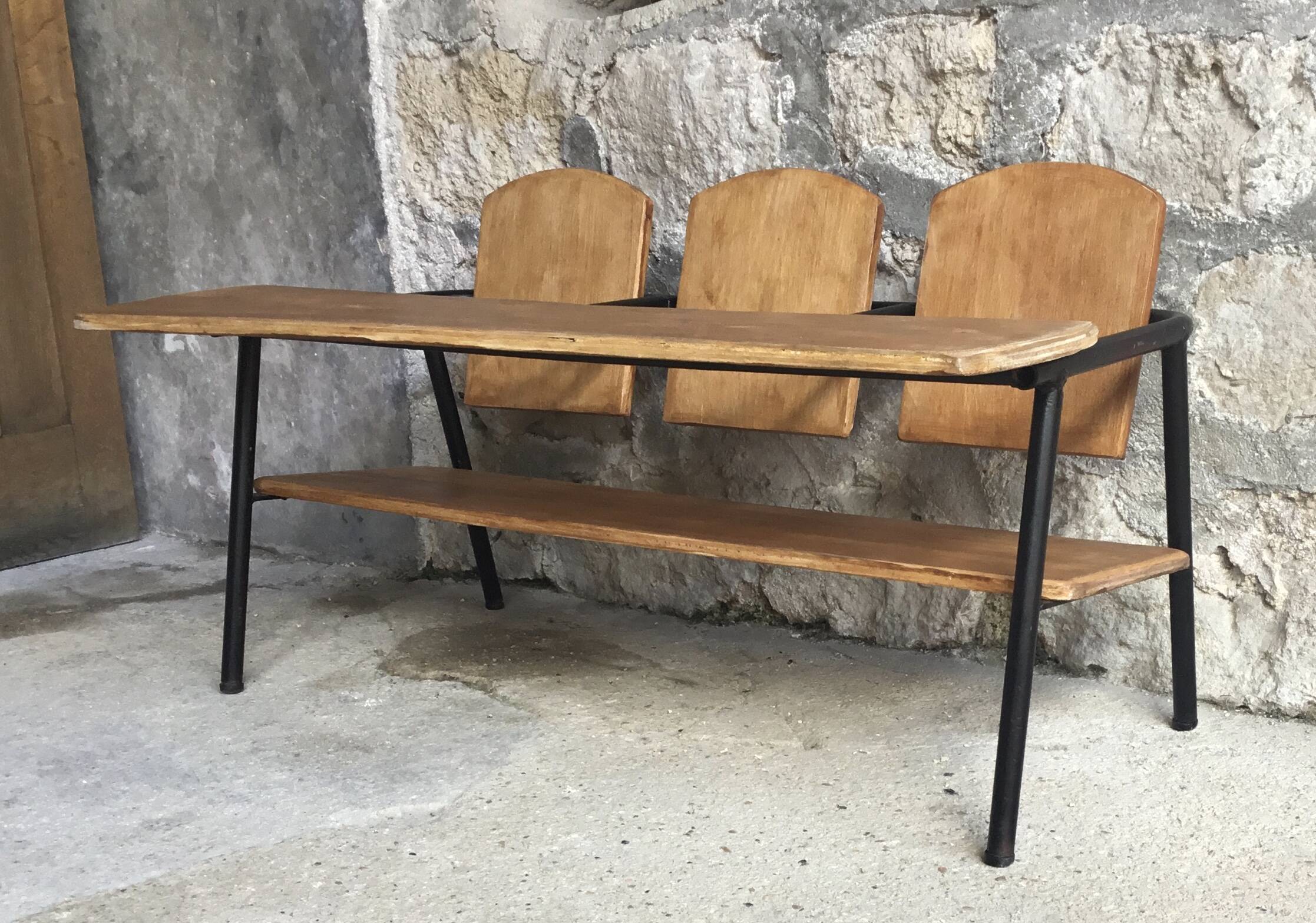 3-seater children's bench or desk - vintage school furniture 1950