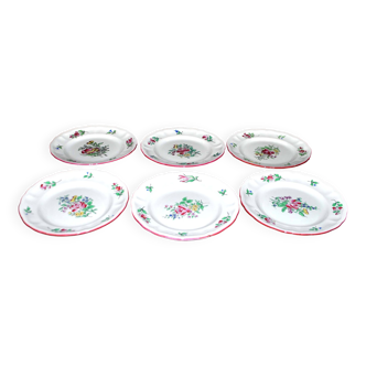 Lot de 6 assiettes à dessert Lunéville décor roses peintes modèle Réverbère D18.5