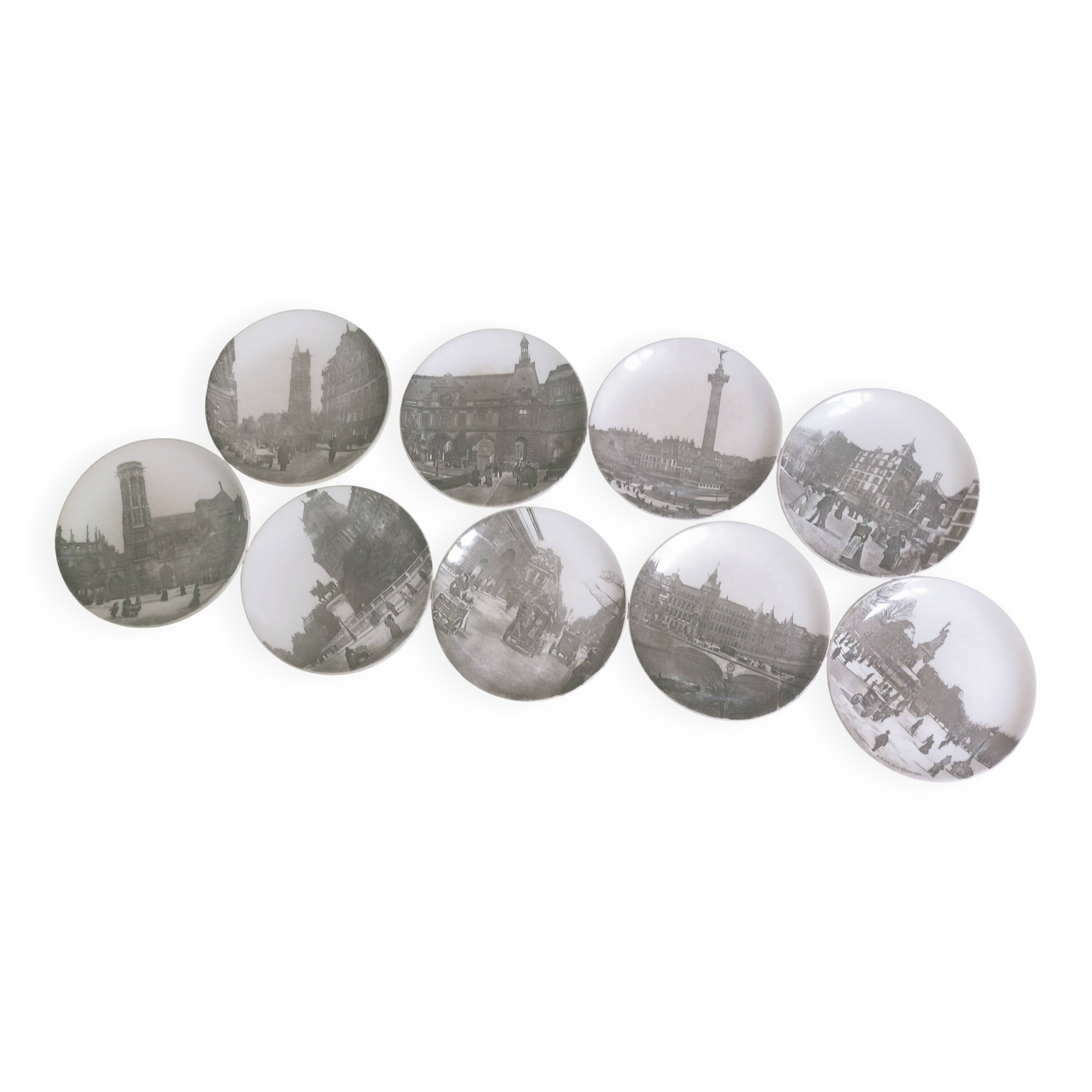 Set of 9 sepia plates Paris
