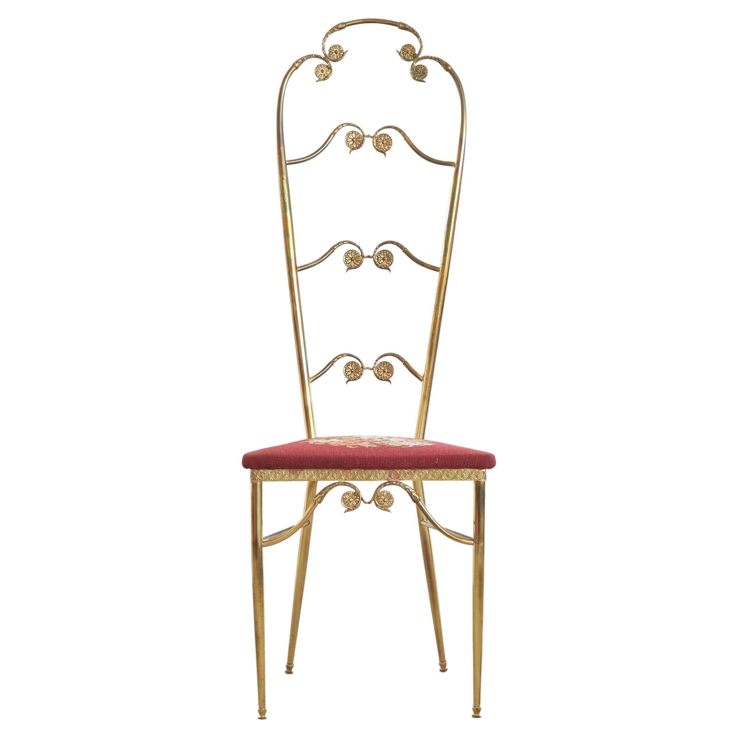 Chiavari chair with high back, brass, embroidery from the 1960s.