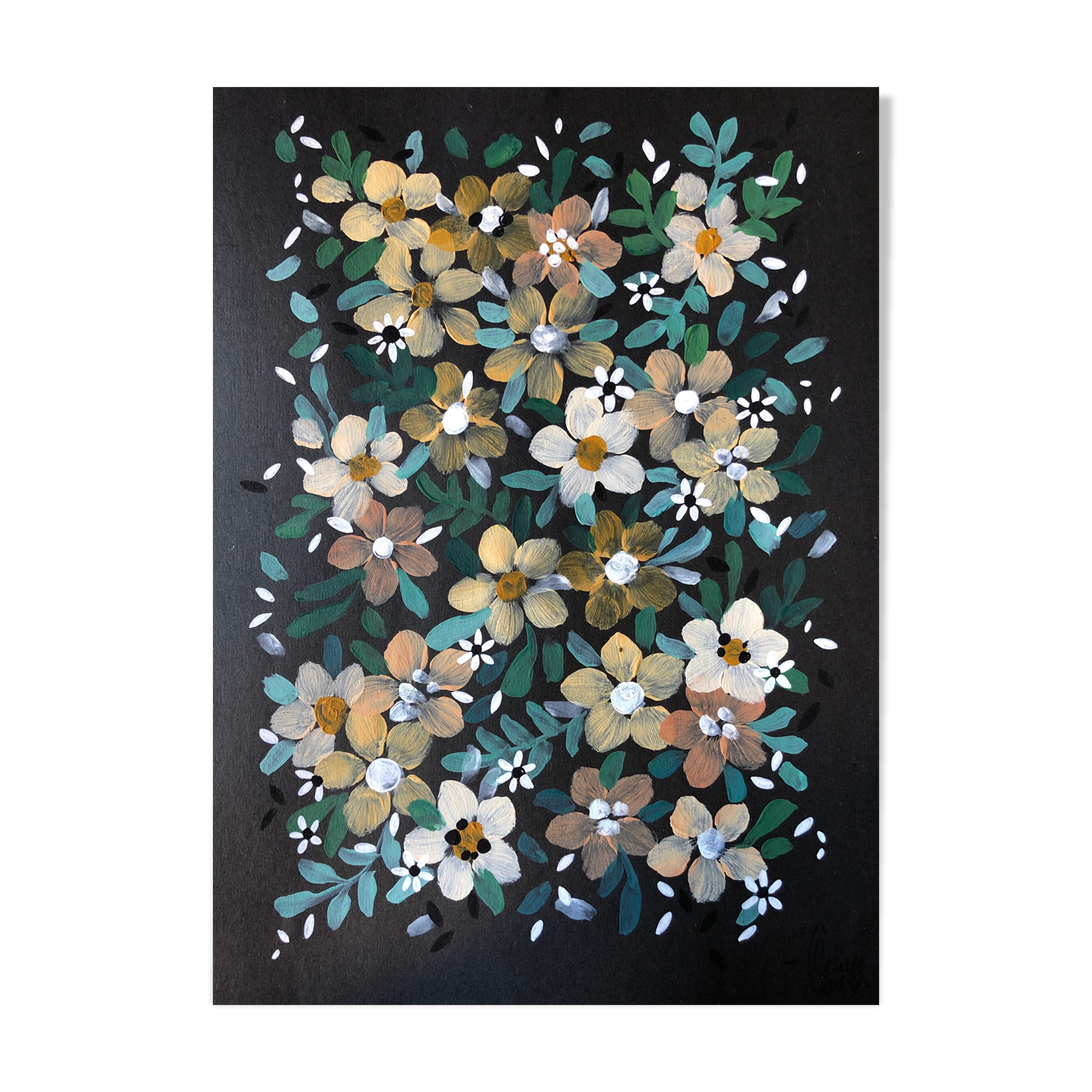 Peinture a4 fleurs jaunes et blanches