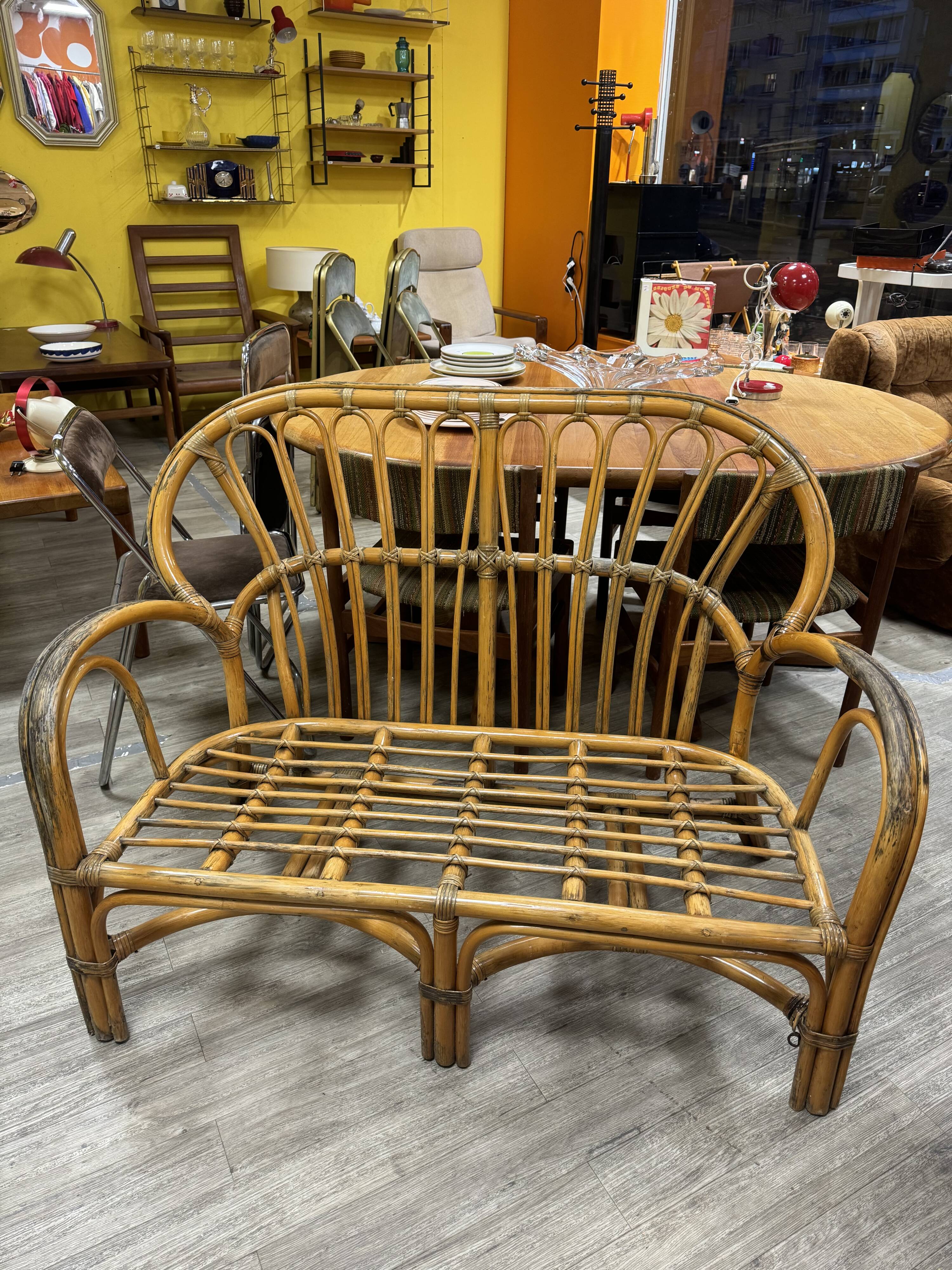 Vintage rattan bench 70