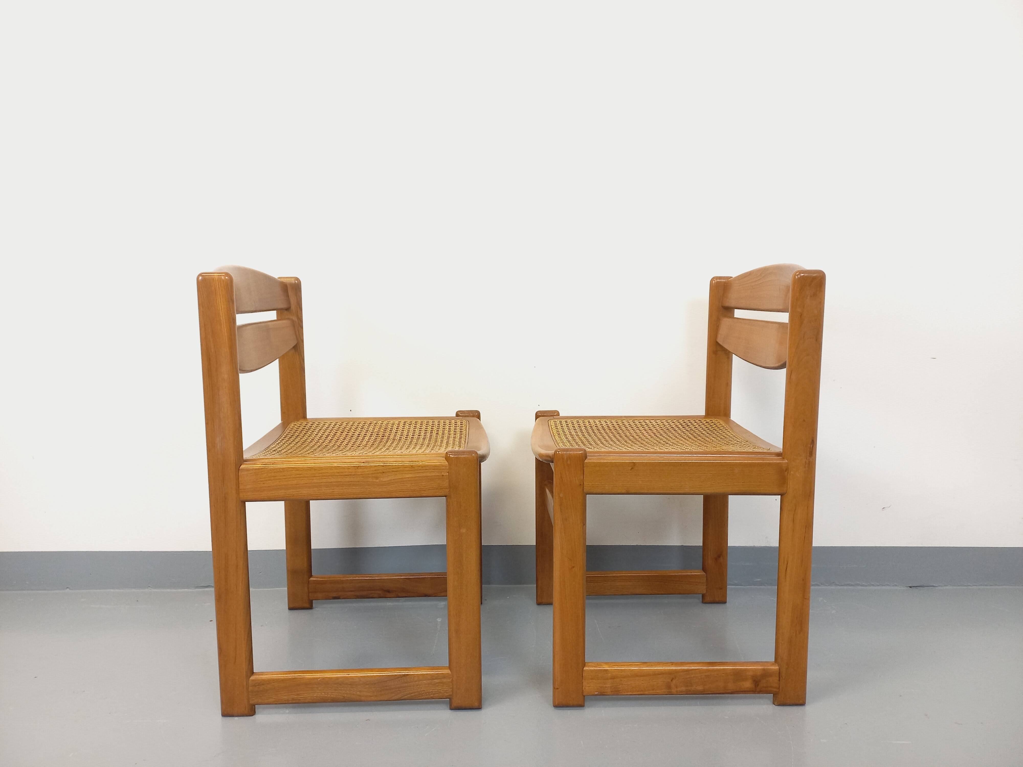 Pair of vintage sleigh chairs in beech wood and cane from the 70s