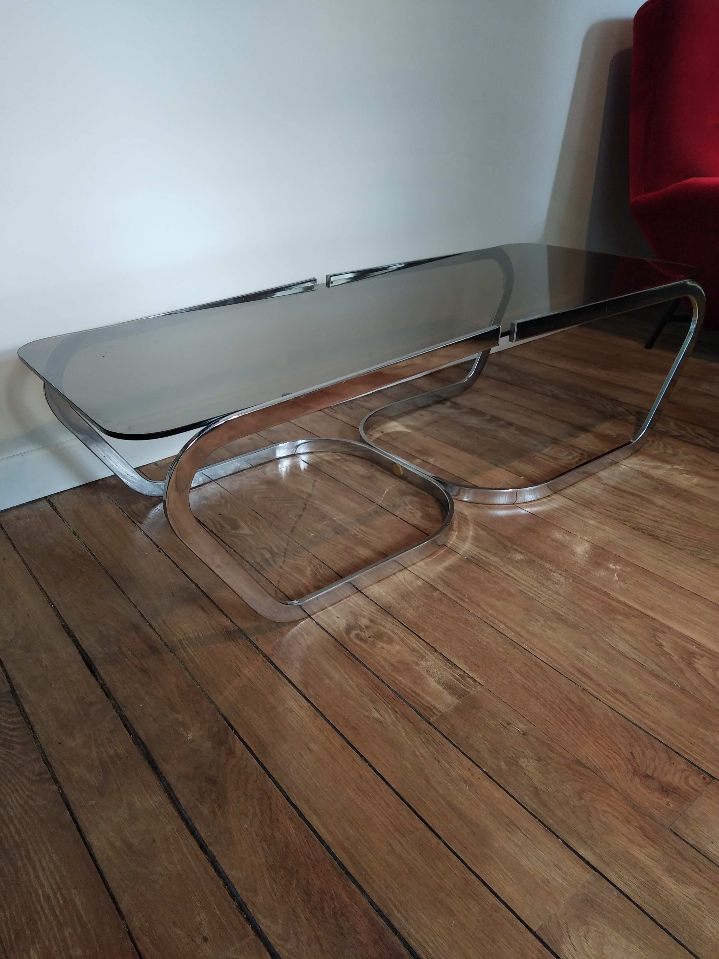 Stainless coffee table and smoked glass 1973