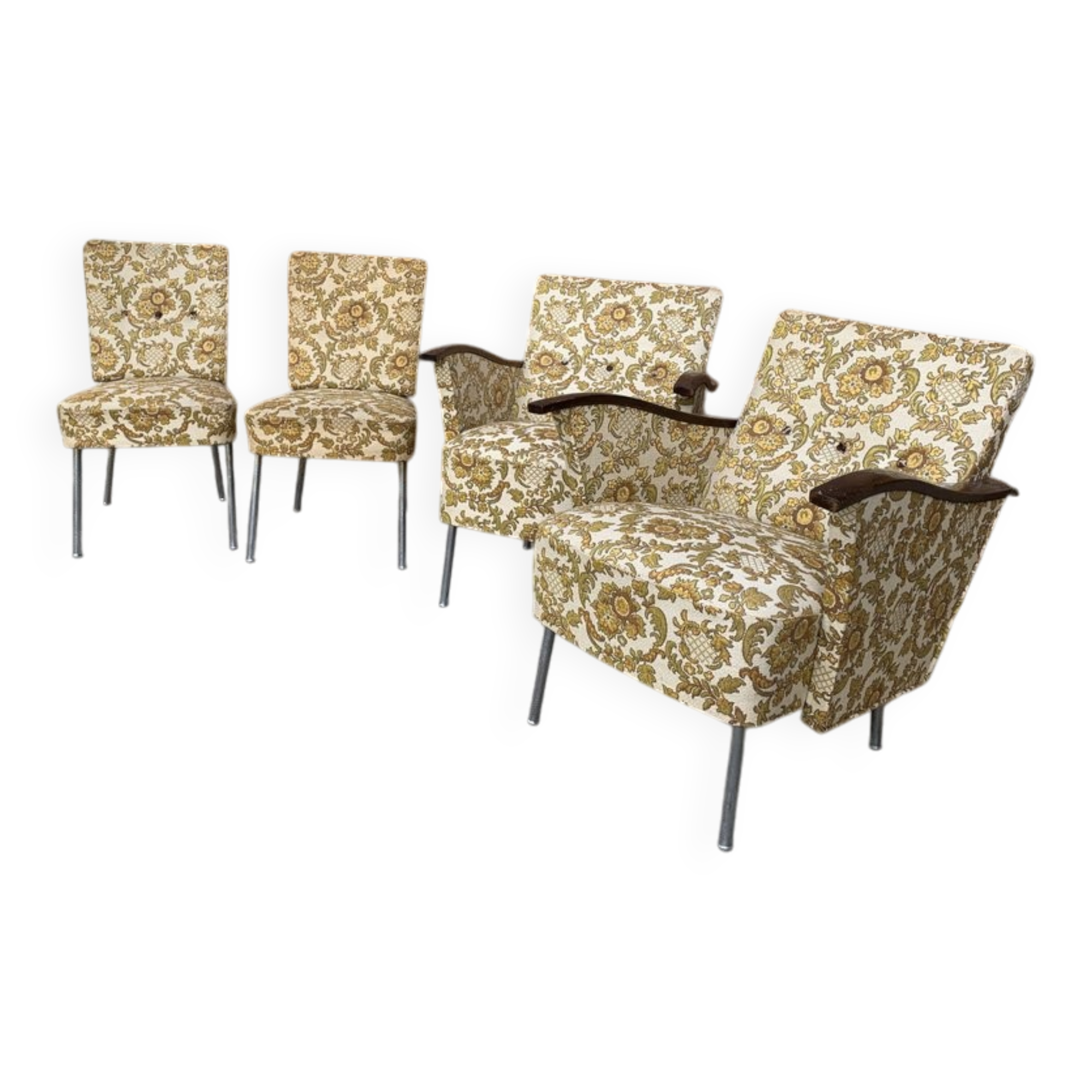Set of 4 Bauhaus brown club armchairs in chrome steel and wood, 1940s.