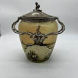 Old enameled glass cookie jar with mill decor