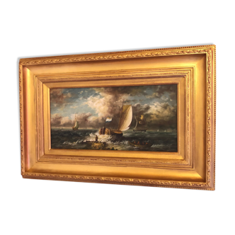 Old painting, English school, marine scene, oil on wood signed