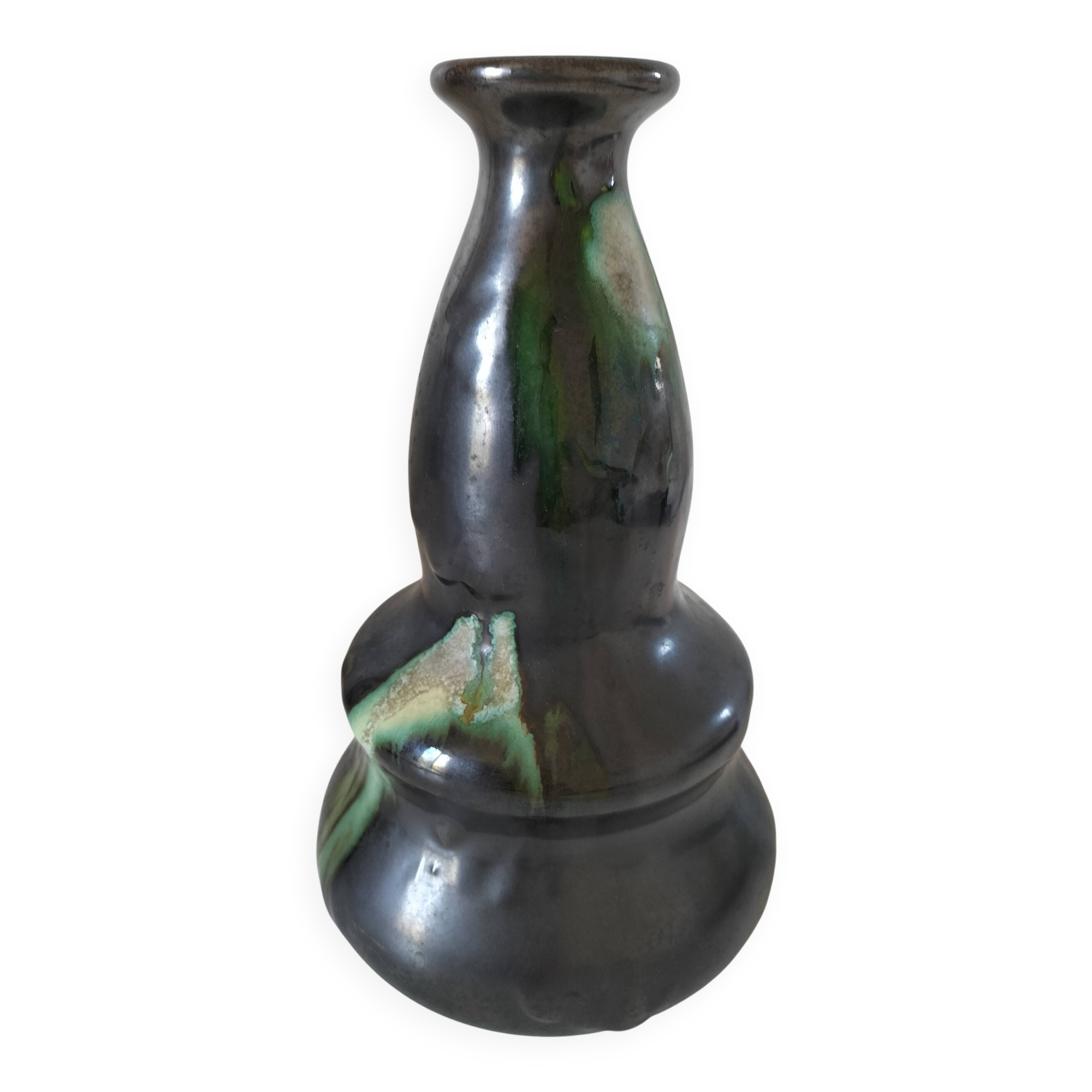 Thulin vase Belgium flamed green black enamel