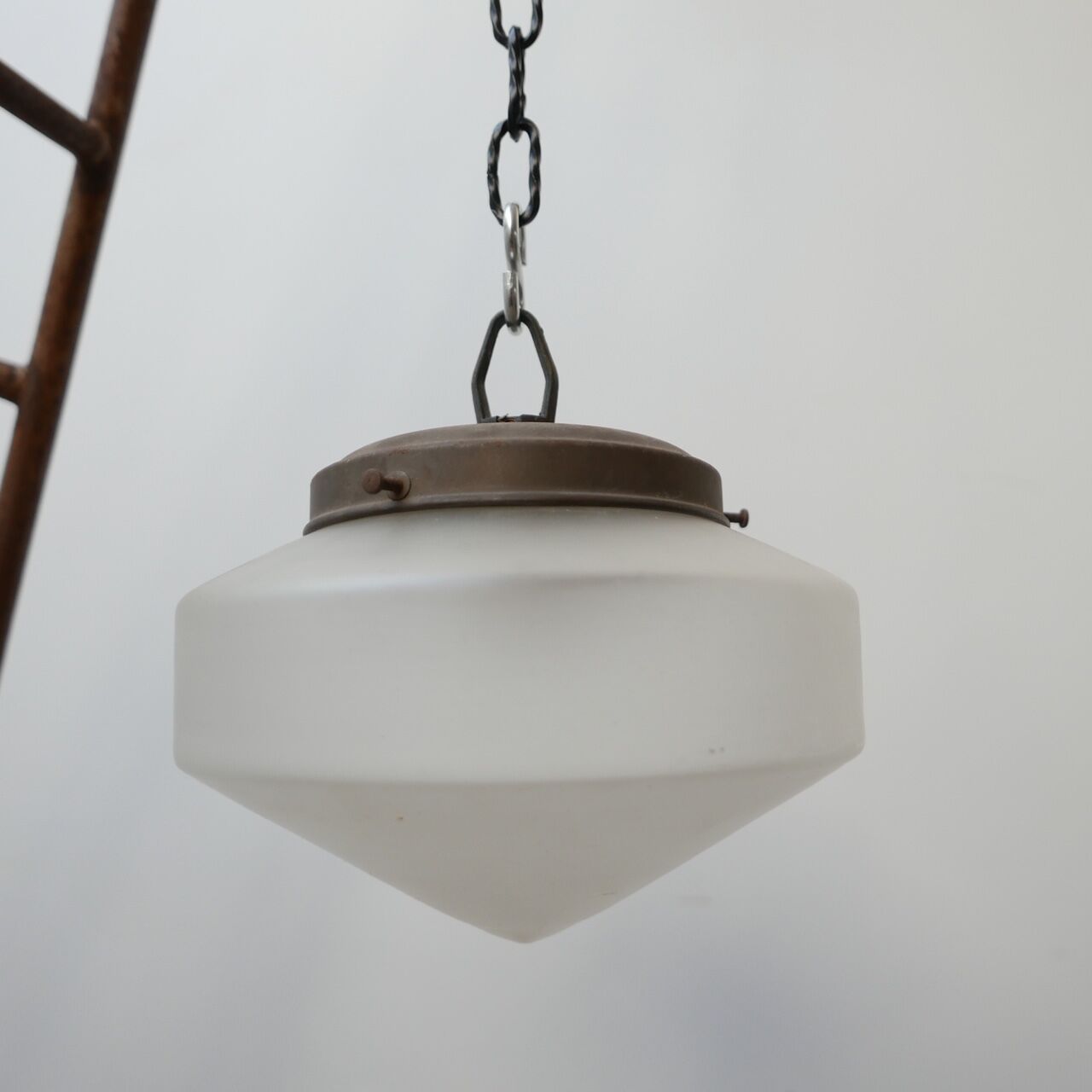 Etched glass and brass antique german conical pendant light