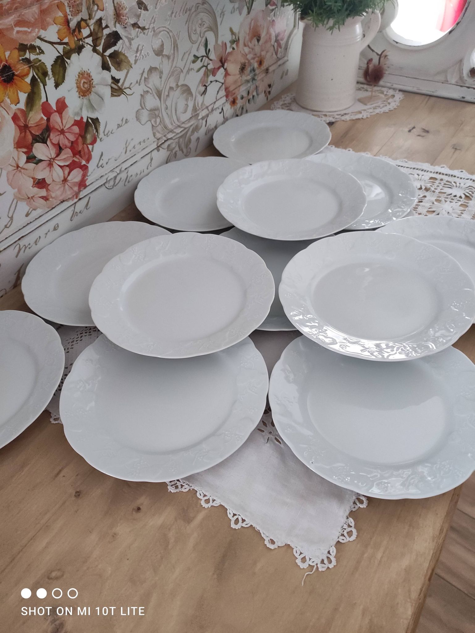 Set of 12 dessert plates in white porcelain marli in relief Wild Ivy