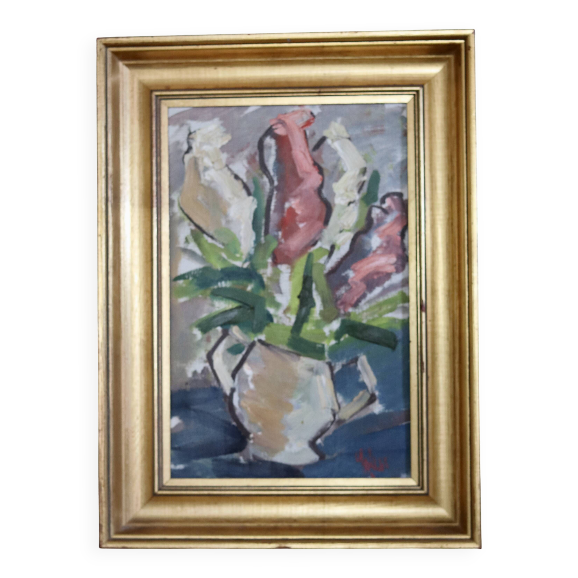 Original Mid-Century Oil on Canvas " Vase" by unidentified Artist- Vintage & Framed