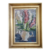 Huile originale du milieu du siècle sur toile « Vase » par un artiste non identifié - vintage et encadré