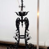 Imposing gothic lustre in wrought iron black laqué 185cm - 2 large candelabras