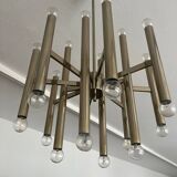 Grand lustre tubulaire Sciolari en laiton, Italie années 1960
