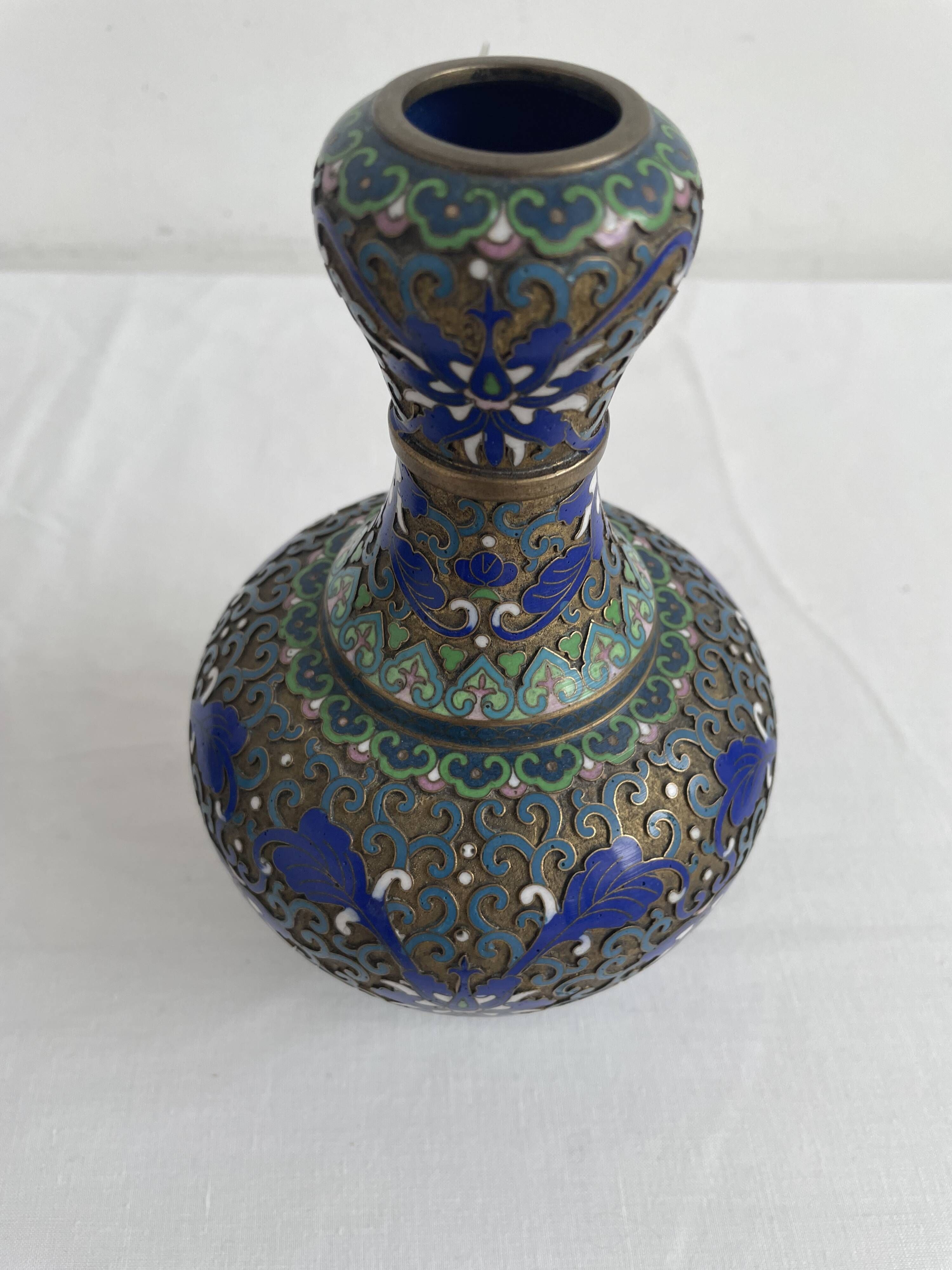 Vintage, pair of vases, Chinese, cloisonné metal, enameled, polychrome floral decor, golden hoop